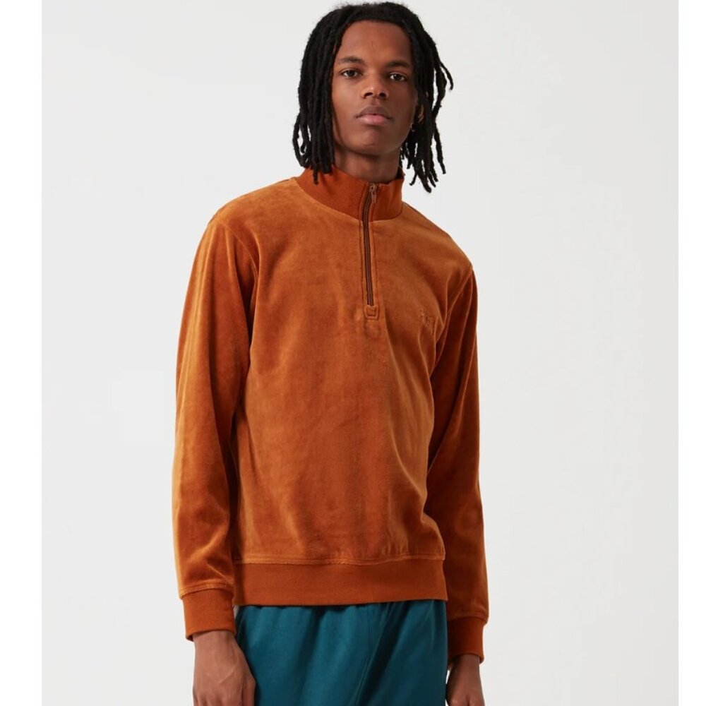 Stussy Velour Long Sleeve Zip Mock Sweatshirt - Rust Red